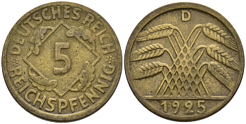Германия 5 рейхспфеннигов 1925 D KM 39, J. 316 алюминиевая бронза 4151-726