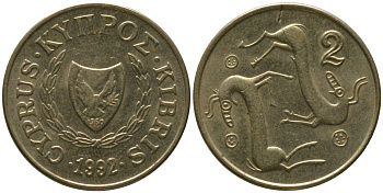 Кипр 2 цента 1992 KM 54.3 никель латунь 4158-437