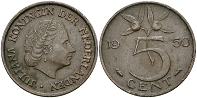 НИДЕРЛАНДЫ 5 ЦЕНТОВ 1950 ЮЛИАНА KM 181 бронза 95-242