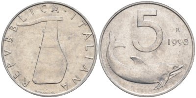 Италия 5 лир 1998 R, дельфин KM 92 алюминий  UNC  4594-729