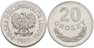 ПОЛЬША 20 ГРОШЕЙ 1980 MW KM А47 алюминий UNC 201-467