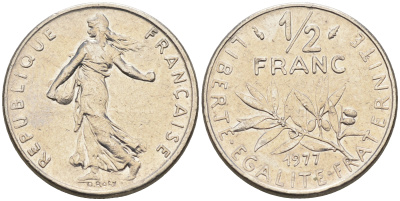 Франция 1/2 франка 1977 сеятель KM 931.1 никель    4169-211