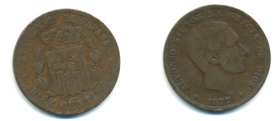 ИСПАНИЯ 10 СЕНТИМО 1877 OM, АЛЬФОНСО XII (1874-1885) KM 675 (Y70) бронза 176-1134