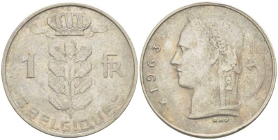 Бельгия 1 франк 1963 Belgique, Бодуэн I (1951-1993) KM 142.1 медно-никель 213-515
