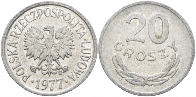 ПОЛЬША 20 ГРОШЕЙ 1977 MW KM А47 алюминий 4448-824
