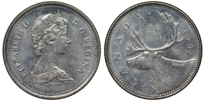 Канада 25 центов 1982 Елизавета II (1952-2022), олень карибу, второй портрет в короне KM 74 никель 4128-654