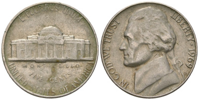 США 5 центов 1969 S (Сан-Франциско) KM A192 медно-никель 4592-324