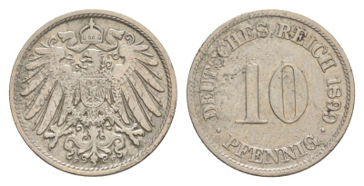 Германия 10 пфеннигов 1899 F, Вильгельм II (1888-1918) KM 12, J. 13 медно-никель 4640-243