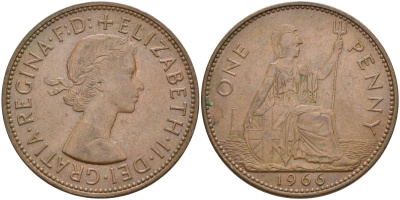 Великобритания 1 пенни 1966 Елизавета II (1952-2022) KM 897, Spink 4157 бронза 4117-621