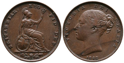 Великобритания 1 фартинг 1848 Виктория (1837-1901) KM 725, Spink 3950 медь  1518-1034