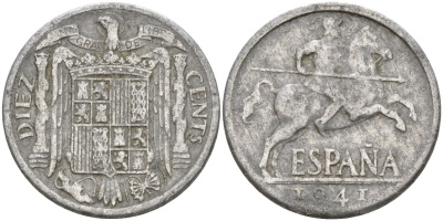 Испания 10 сентимо 1941 Франсиско Франко (1939 - 1975) KM 766 алюминий 4155-221