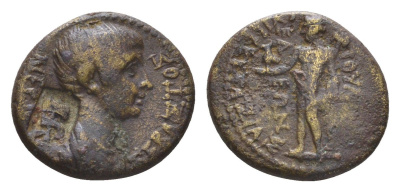 Римская Империя, Провинция Азия, Фригия, Эвмения АЕ 66-68 Нерон, голова императора, надчеканка - лабрис с обвившимся змеем/Аполлон с лабрисом RPC I 3149 медь 1100-1-53