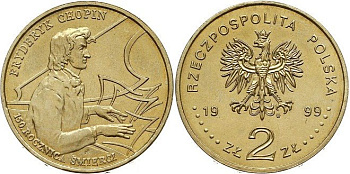 Польша 2 злотых 1999 MW, 150 лет со дня смерти Фредерика Шопена KM 365 нордик  UNC  4521-535
