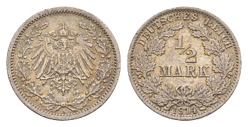 Германия 1/2 марки 1914 A, Вильгельм II (1888-1918) KM 17, J. 16 серебро 4655-262