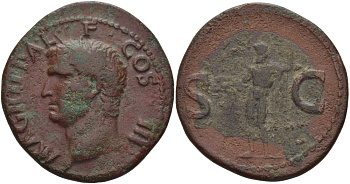 Римская Империя асс 37 - 41 Марк Агриппа M AGRIPPA LF COS III Рим Very fine (Монета отчеканена императором Калигулой в честь Марка Агриппы), 10,59 гр RIC 58 медь 1073-1-4-5