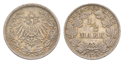 Германия 1/2 марки 1914 A, Вильгельм II (1888-1918) KM 17, J. 16 серебро 4655-262