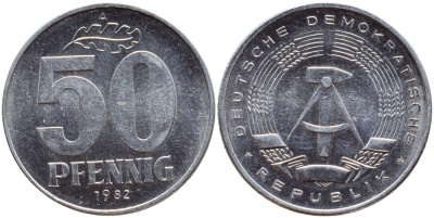 ГДР 50 ПФЕННИГОВ 1982 А KM 12.2 алюминий UNC 4391-355