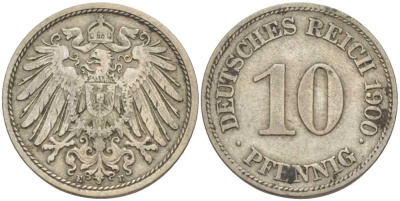 ГЕРМАНИЯ 10 ПФЕННИГОВ 1900 E KM 12, J. 13 медно-никель 4401-1145