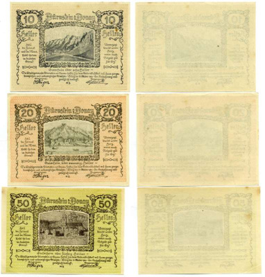 Австрия, Дюрнштайн набор из 3 банкнот 10, 20, 50 геллеров 1920 31 октября 1920, нотгельд, земля Нижняя Австрия   бумага  аUNC  7555-25-2-1