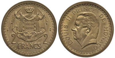 Монако 2 франка 1945 Луи II (1922-1949) KM 121а алюминиевая бронза 114-512