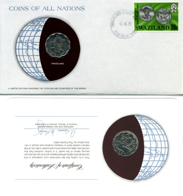 СВАЗИЛЕНД 20 ЦЕНТОВ 1975 конверт с маркой первого дня гашения, Coins of Nations KM 11 медно-никель UNC 4294-20-2
