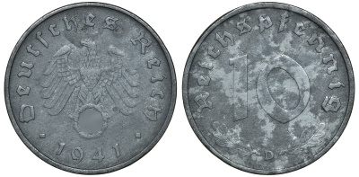 ГЕРМАНИЯ 10 РЕЙХСПФЕННИГОВ 1941 D J. 371, KM 101 цинк 72-1431
