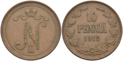 РОССИЯ ДЛЯ ФИНЛЯНДИИ 10 ПЕННИ 1915 НИКОЛАЙ II (1894-1917) KM 14, Биткин 438 медь 4536-844