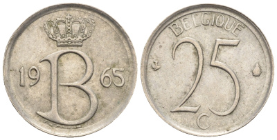Бельгия 25 сантимов 1965 Belgique, Бодуэн I (1951-1993) KM 153.1 медно-никель 4609-739