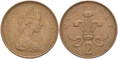 Великобритания 2 пенса 1971 Елизавета II (1952-2022) KM 916, Spink 4235 (C1) бронза 4593-824