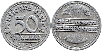 ГЕРМАНИЯ 50 ПФЕННИГОВ 1922 D KM 27, J. 301, Weege 10 алюминий 4390-845