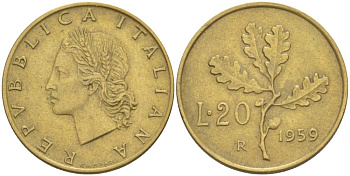 ИТАЛИЯ 20 ЛИР 1959 R, ДУБОВЫЕ ЛИСТЬЯ KM 97.1 алюминиевая бронза 4551-246
