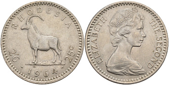 Британская Родезия 2 шиллинга 6 пенсов (25 центов) 1964 Елизавета II (1953-), черная антилопа KM 4 медно-никель 4140-111