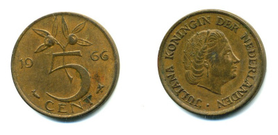 НИДЕРЛАНДЫ 5 ЦЕНТОВ 1966 ЮЛИАНА KM 181 бронза 76-433