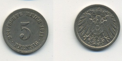 Германия 5 пфеннигов 1911 A KM 11, J. 12, Weege 6 медно-никель 23-1443