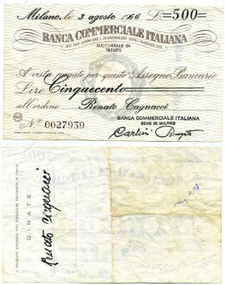 Италия чек на 500 лир 1966 на имя Ринато Ганьячи, банк Милан бумага 7221-8-3-1