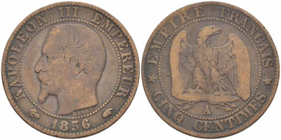 Франция 5 сантимов 1856 A, Наполеон III (1852-1870) KM 777.1, Le Franc 116.30 бронза 108-431