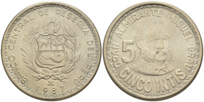 Перу 5 инти 1987 Мигель Грау KM 300 медно-никель UNC 181-936