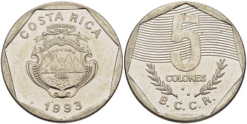 КОСТА-РИКА 5 КОЛОН 1993 l KM 214.3 сталь плакированная никелем 67-957