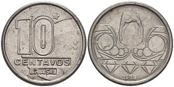 Бразилия 10 сентаво 1989 золотодобыча KM 613 нержавеющая сталь 116-768