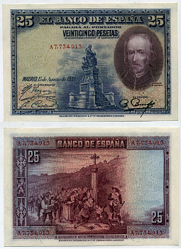Испания 25 песет 1928 серия А 7734913, Педро Кальдерон де ля Барка Pick 74 a бумага aUNC 00-00