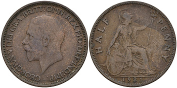 Великобритания 1/2 пенни 1933 Георг V (1910-1936) KM 837, Spink 4058 бронза 4146-157
