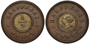 Великобритания 1 пенни ND (1844) модель монеты Виктории в 1/2 пенни, Джозеф Мур биметалл 1524-625