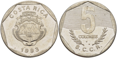 КОСТА-РИКА 5 КОЛОН 1993 l KM 214.3 сталь плакированная никелем 67-957