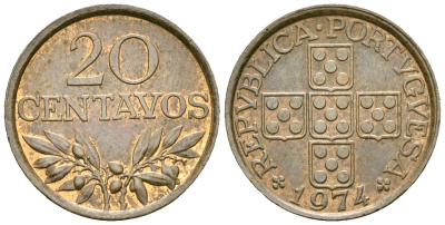Португалия 20 сентаво 1974 KM 595 бронза 4164-1136