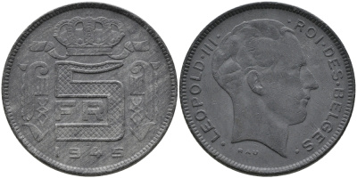 БЕЛЬГИЯ 5 ФРАНКОВ 1945 BELGES, ГЕРМАНСКАЯ ОККУПАЦИЯ, ВТОРАЯ МИРОВАЯ ВОЙНА KM 129.1 цинк 93-1311