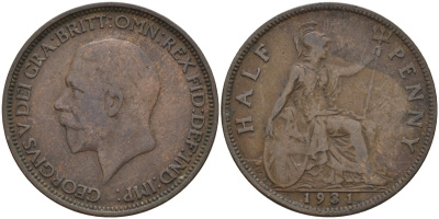 Великобритания 1/2 пенни 1933 Георг V (1910-1936) KM 837, Spink 4058 бронза 4146-157