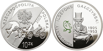 Польша 10 злотых 2005 MW, Константы Ильдефонс Галчиньский, поэт, гусь, цветная эмаль KM 537 серебро PROOF 11-230-26