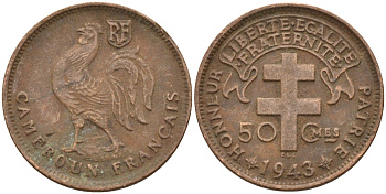 Французский Камерун 50 сантимов 1943 SA, петух, монетный двор Претория KM 4 бронза 4172-424