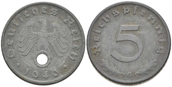 ГЕРМАНИЯ 5 РЕЙХСПФЕННИГОВ 1940 G KM 100, J. 370 цинк 206-1242
