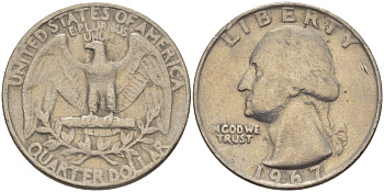 США 25 центов (квотер) 1967 Вашингтон KM 164а медь плакированная медно-никелем 31-722